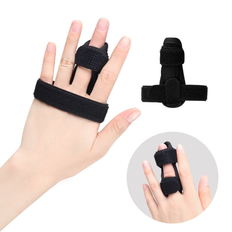 Black finger support strap splint on an open hand with top finger joint pad