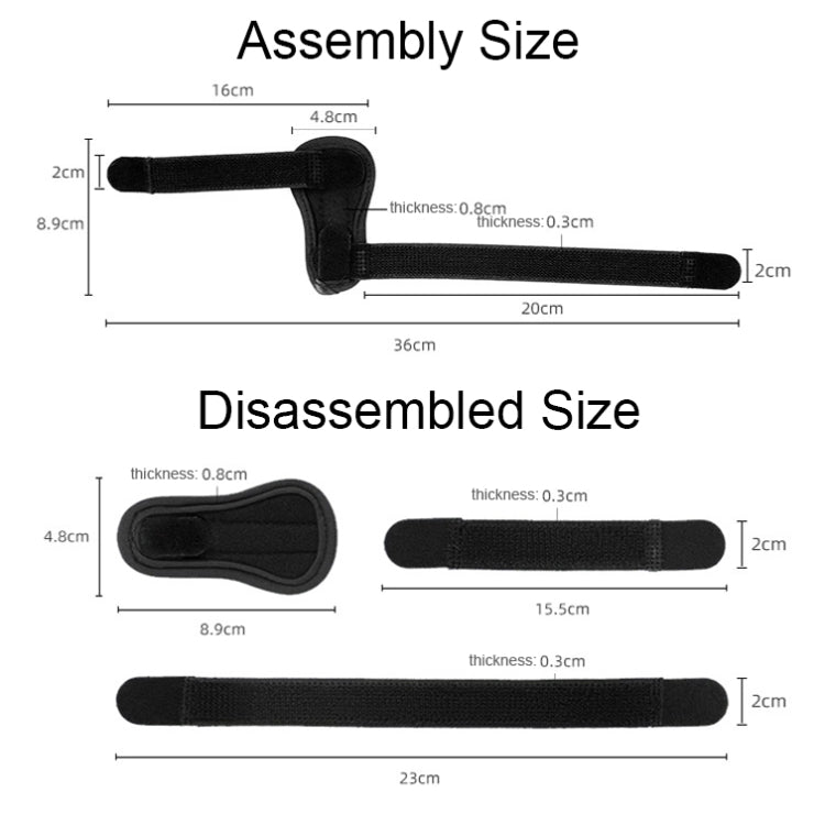 Black finger splint strap with padded support and hook-and-loop closures, size shown