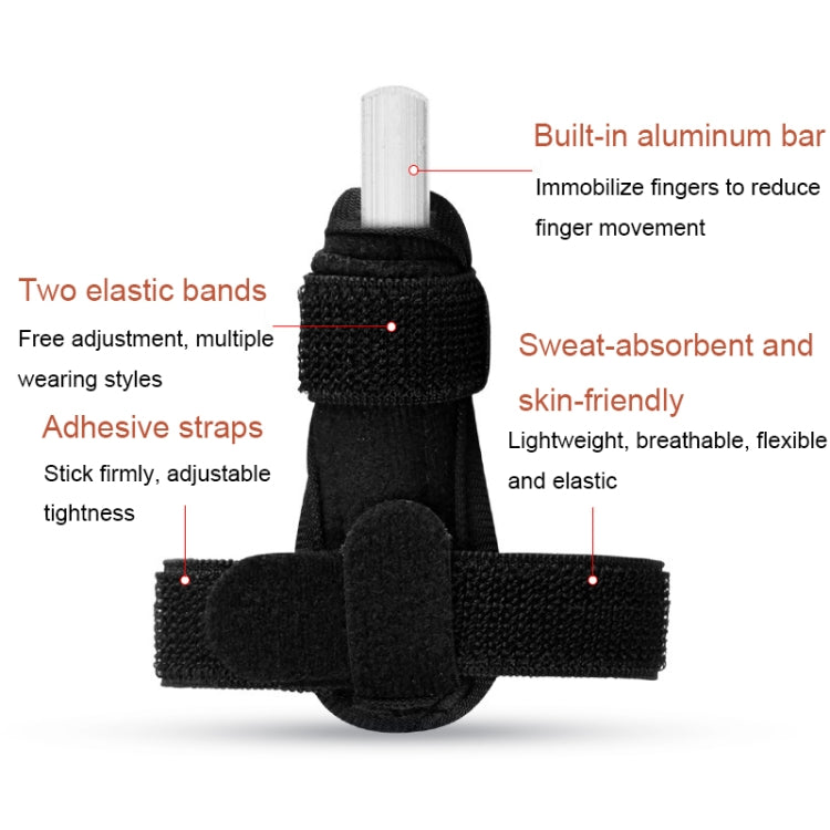 Black finger brace splint with cushioned finger pad and wide elastic wrap straps