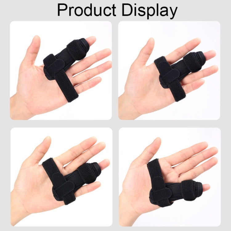 Black finger splint brace on palm, showing adjustable wrap around finger joints