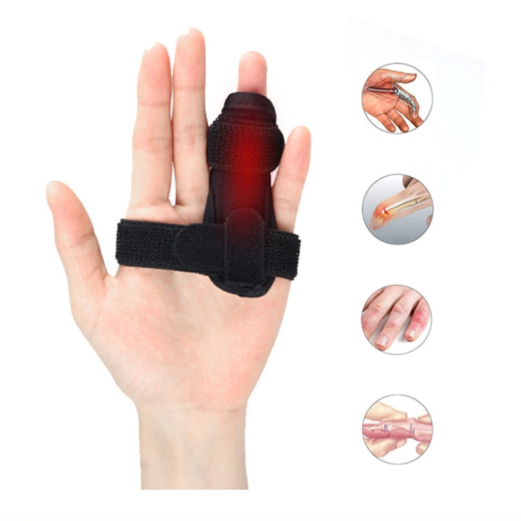 Black finger joint brace strap on hand with padded support over the finger