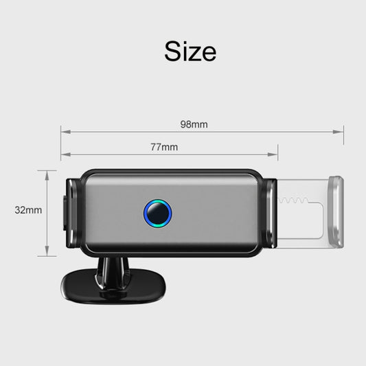 Electric car phone holder with adjustable arm, blue button, and size diagram
