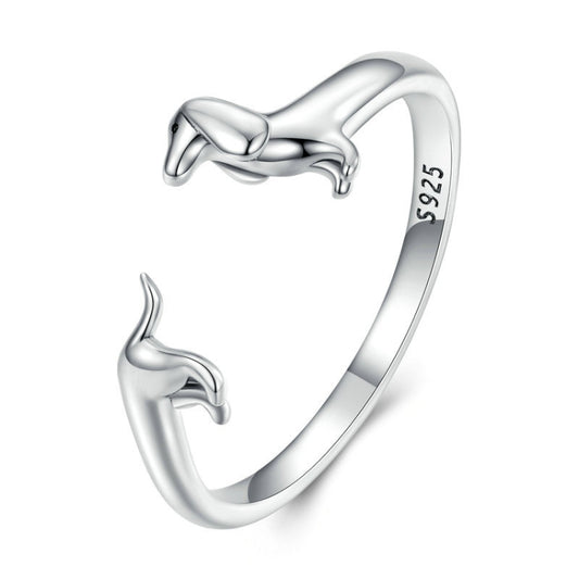 Sterling silver open dachshund ring with S925 stamp and curved band