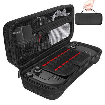 Black hard EVA console storage bag, open with mesh pocket and red elastic straps.
