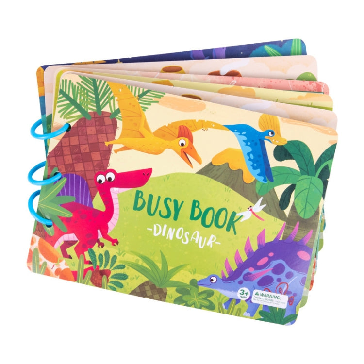 Busy book learning activity with dinosaur theme, colorful cartoon animals on cover