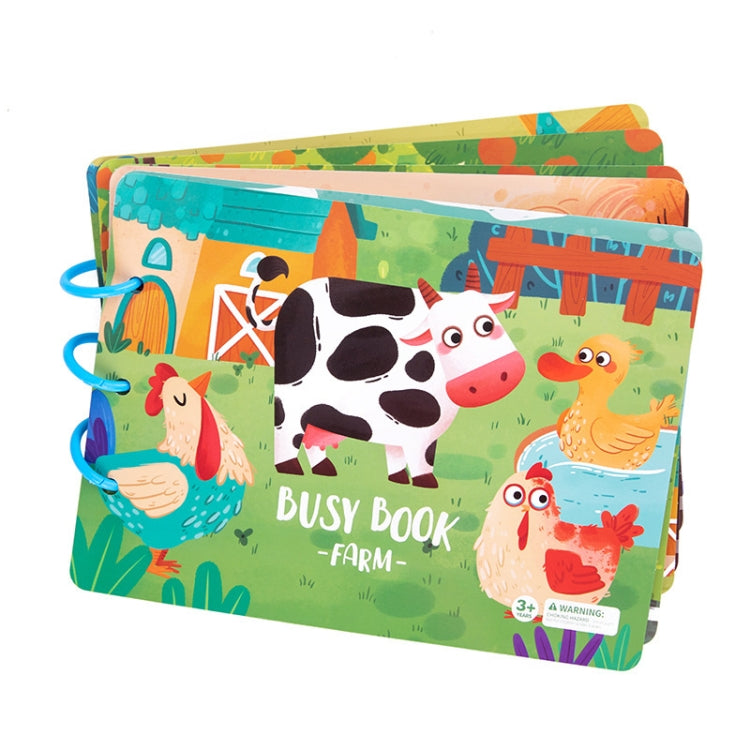 Busy book learning activity with farm theme, cartoon animals and bright cover art