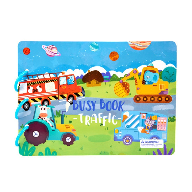 Busy book learning activity with traffic theme, cartoon buses and cars on cover