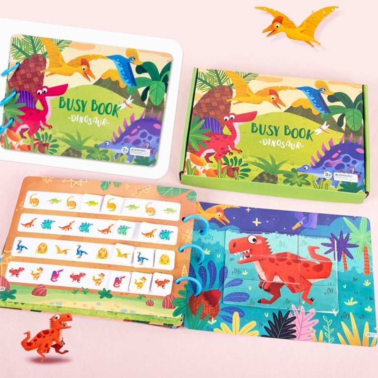 Open dinosaur busy book with colorful sticker pages and animal images