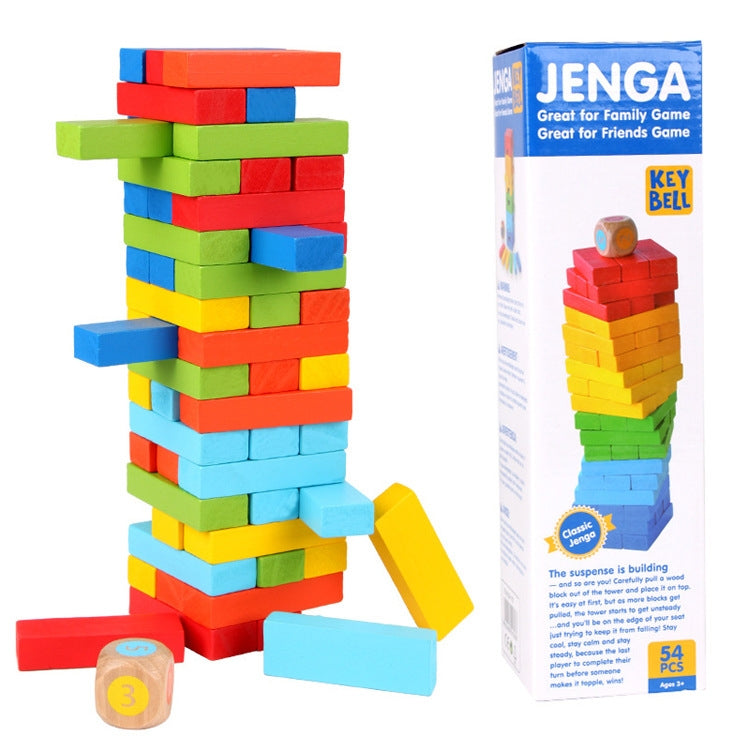 Colorful wooden block stacking game set with tall tower and 54-piece box