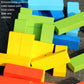 Multicolor wooden stacking blocks close-up, connected rectangular pieces