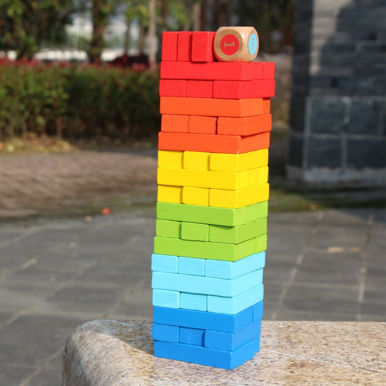 Colorful wooden block tower made from stacked multicolor pieces