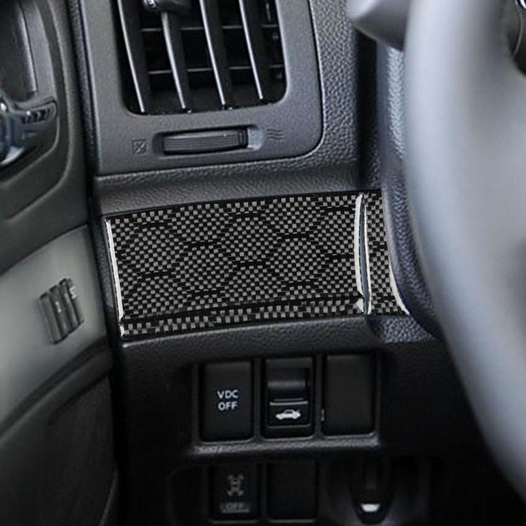 Close-up of carbon-fiber checkered steering button cover trim on vehicle console
