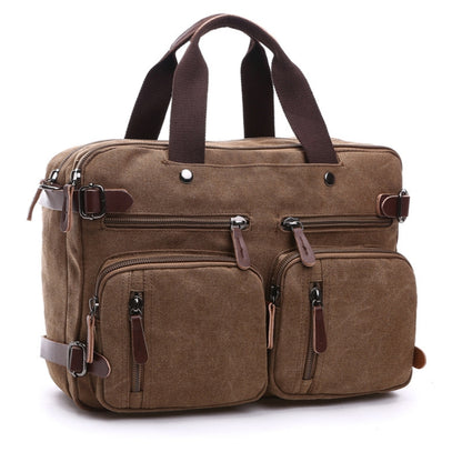 Coffee-brown canvas briefcase bag with dual front zip pockets and top handles