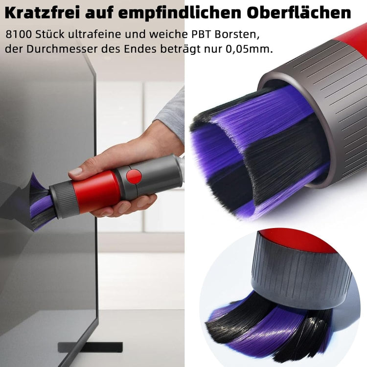 Soft PBT bristles dusting brush attachment in red and gray with purple and black bristle tips