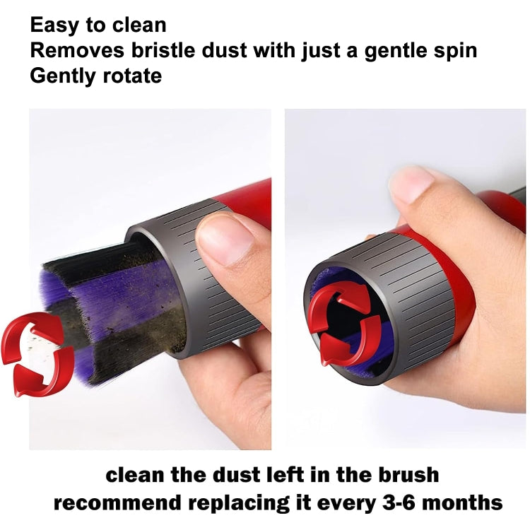 Dusting brush with rotating red-gray head and soft purple/black bristles