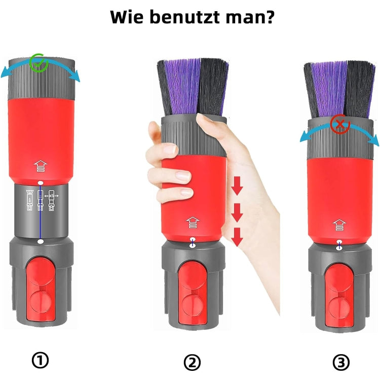 How-to use dusting brush, red body and gray nozzle with purple and black bristles