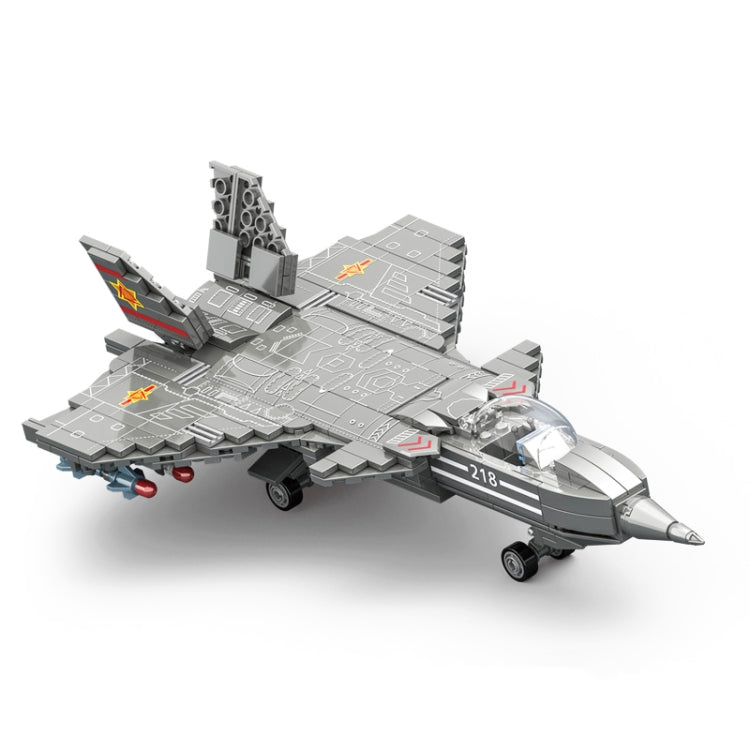 Grey military helicopter model building blocks viewed from above with landing gear.