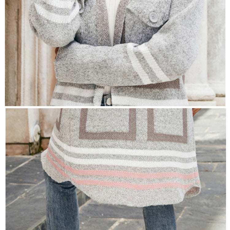 Grey striped hooded knit cardigan with plaid pattern and button front
