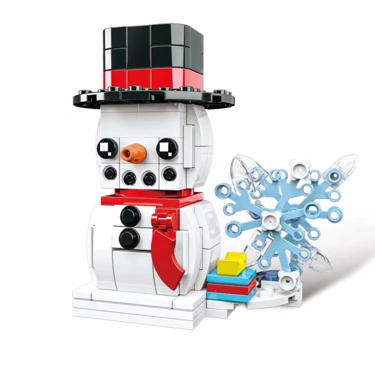 Christmas snowman mini building block puzzle toy with black-and-red top hat and blue snowflake
