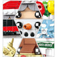 Close-up of Christmas building block parts: faces, hats, ornaments, and snowflake pieces