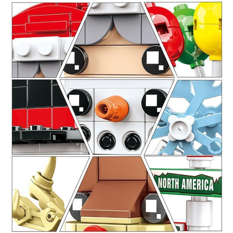 Close-up of Christmas building block parts: faces, hats, ornaments, and snowflake pieces
