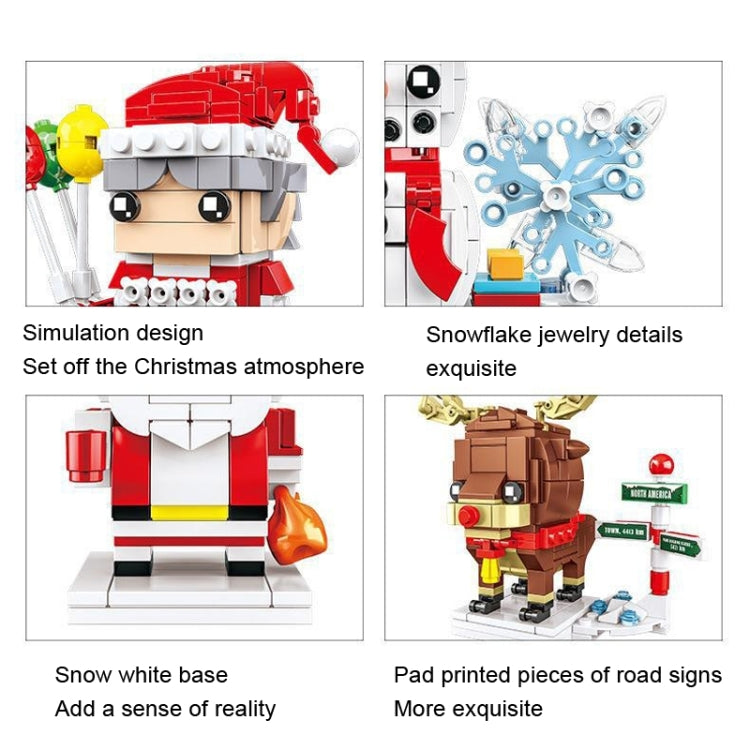 Christmas building block product views showing grandma, snowman, Santa, and elk