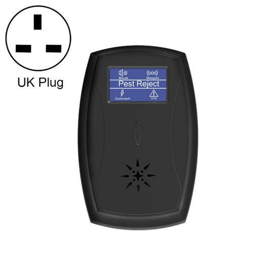 Black ultrasonic insect repeller with UK plug, compact wall-plug design