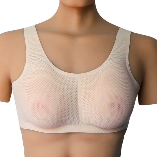Silicone fake breast vest in skin-tone mesh, scoop-neck crop top with molded cups