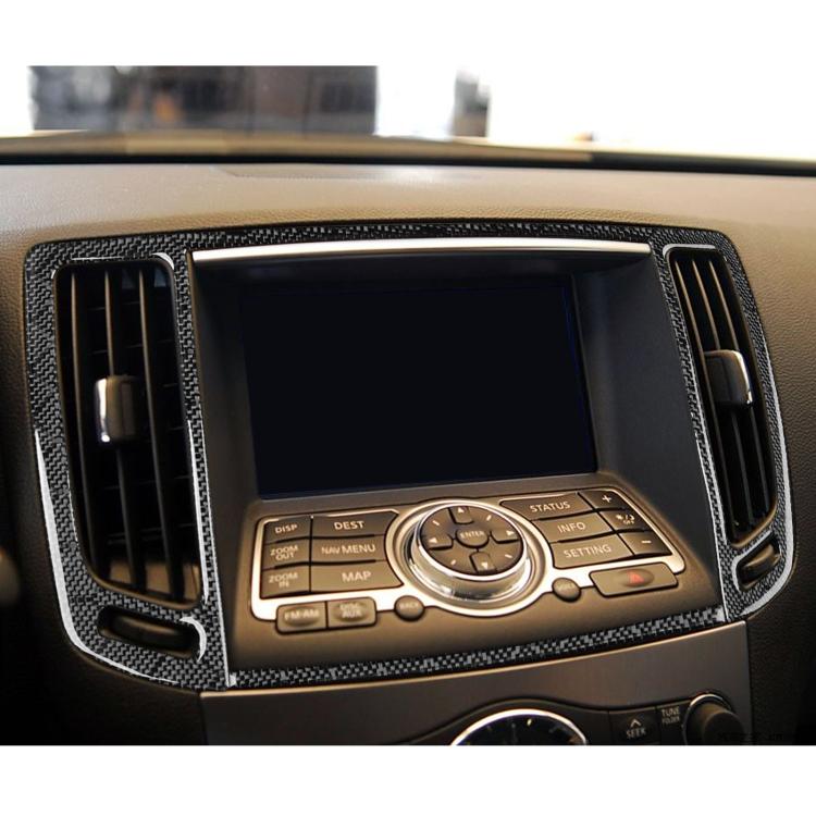 Installed carbon-fiber air vent trim overlays around center dash vents