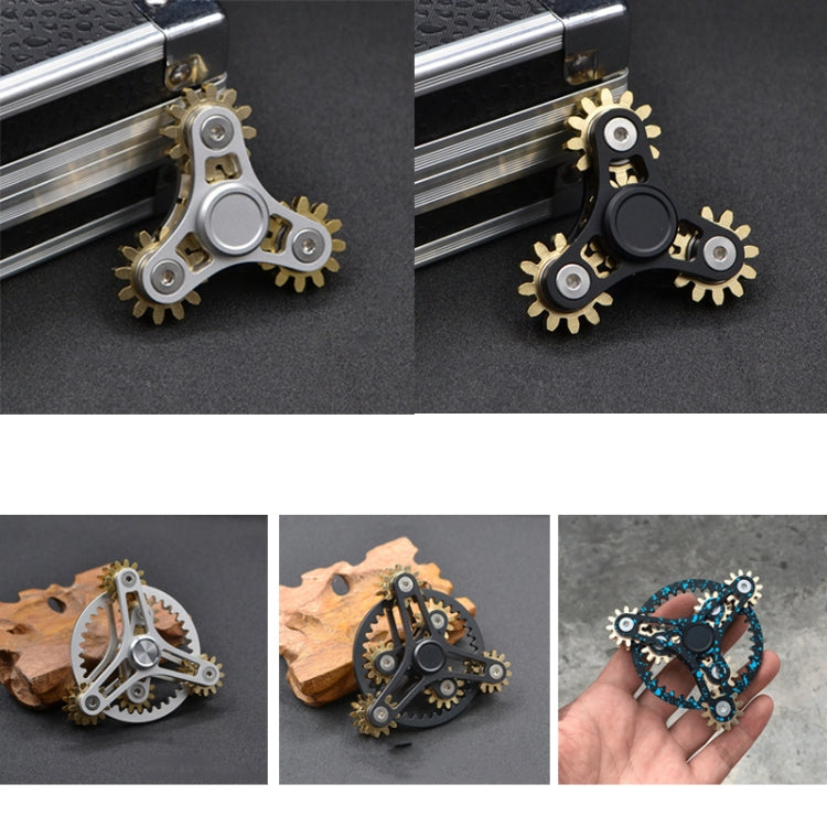 Four-gear fidget spinner showing silver and black versions from multiple angles.