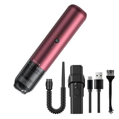 Wine red handheld cordless vacuum cleaner with clear dust container and power button