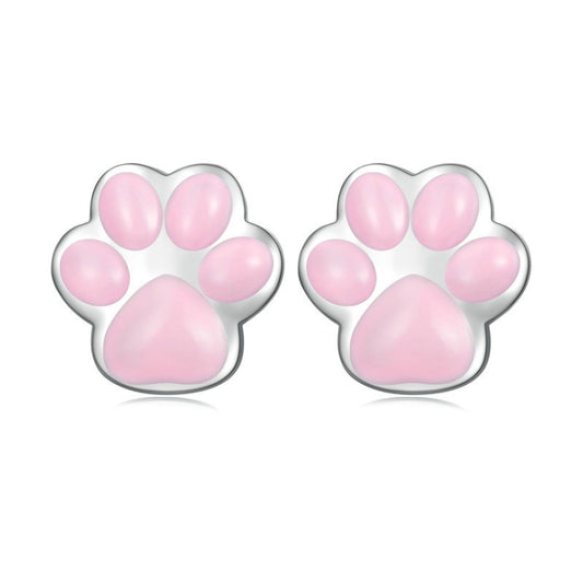 Cat paw stud earrings with silver-tone frames and pink enamel pads