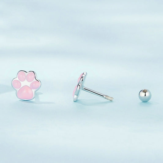 Silver cat paw stud earring with pink enamel pads and straight backing post