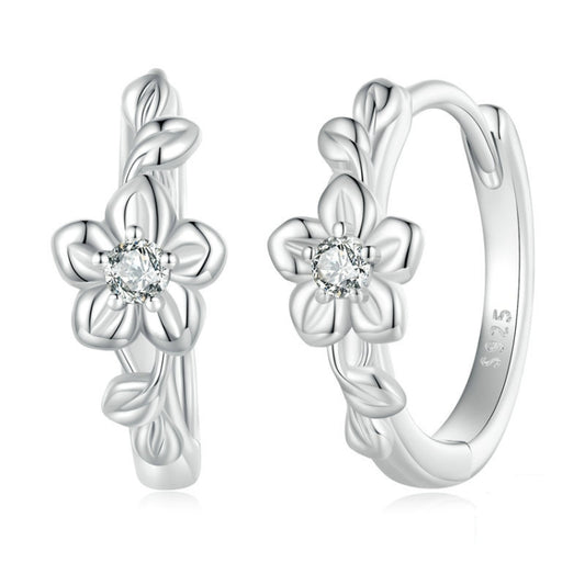 Sterling silver flower-vine hoop earrings with small round zircon center
