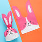 Rabbit-ear gift bag, pink and white with bunny face print, tied closed.