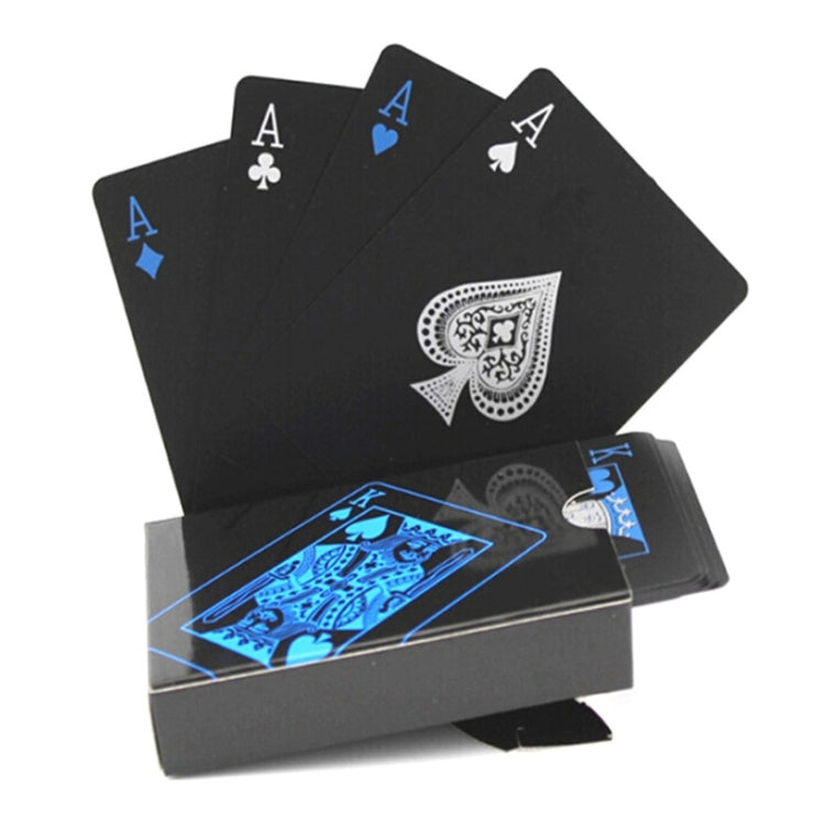 Playing cards with black faces and blue back design, shown in a boxed set