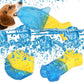 Blue and yellow fish-shaped TPR dog chew toy with splash action