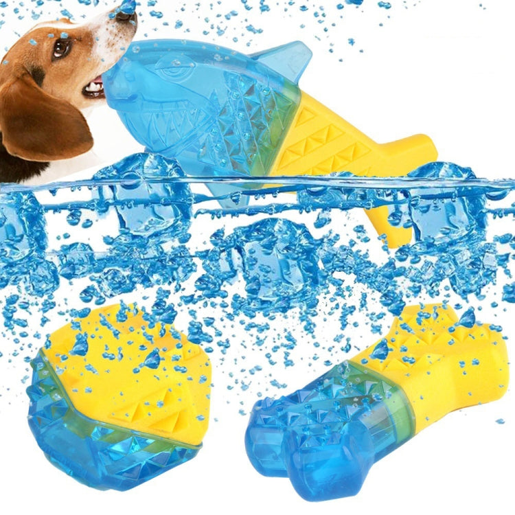 Blue and yellow fish-shaped TPR dog chew toy with splash action