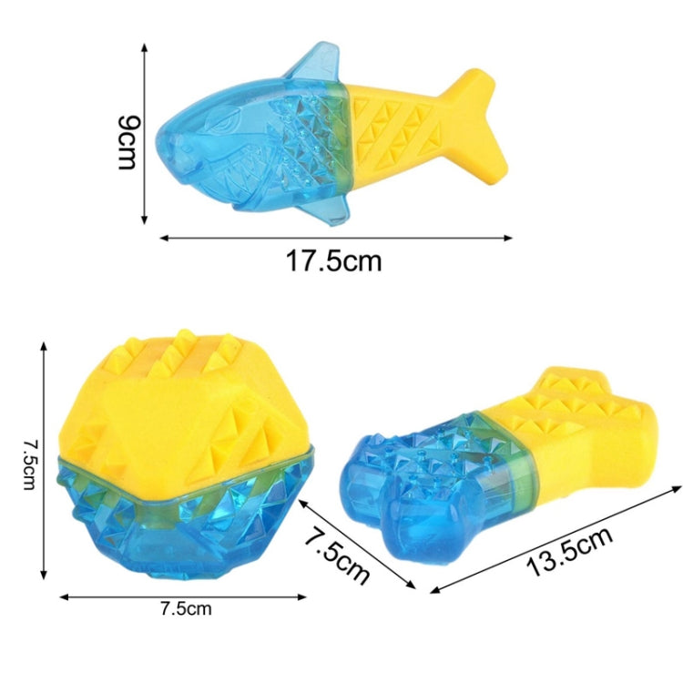TPR dog chew toy set with fish and ball shapes shown with measurements