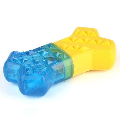 Blue and yellow TPR dog chew bone toy with clear textured center