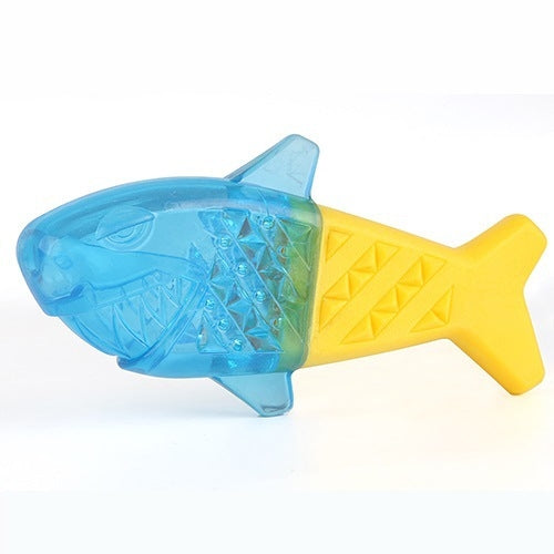 Blue and yellow fish-shaped TPR dog chew toy with textured surface