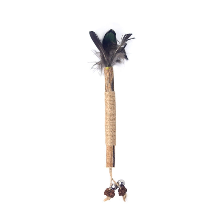 Jute cat teaser stick with dark feathers and twine-wrapped end pom-pom