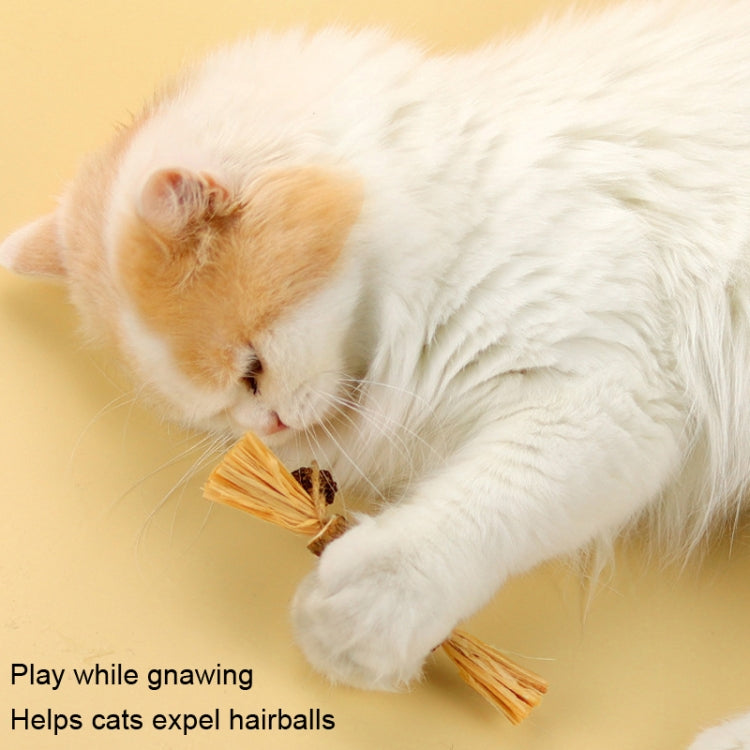 Jute-wrapped straw cat toy with orange fibers as cat gnaws on it