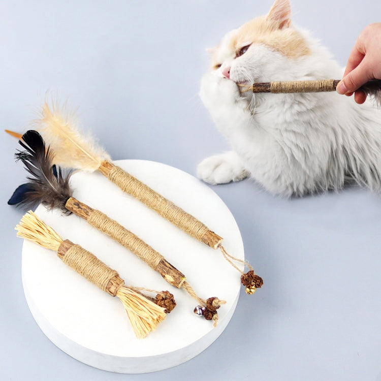 Assorted feather jute cat teaser sticks on plate, with cat pawing one toy