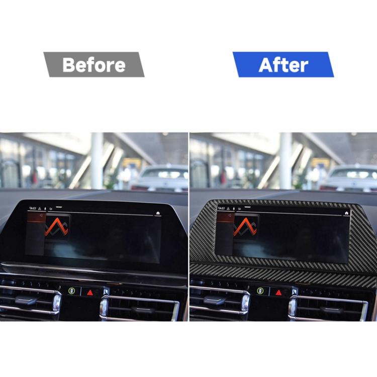 Navigation screen frame sticker, black carbon-fiber look trim on dashboard