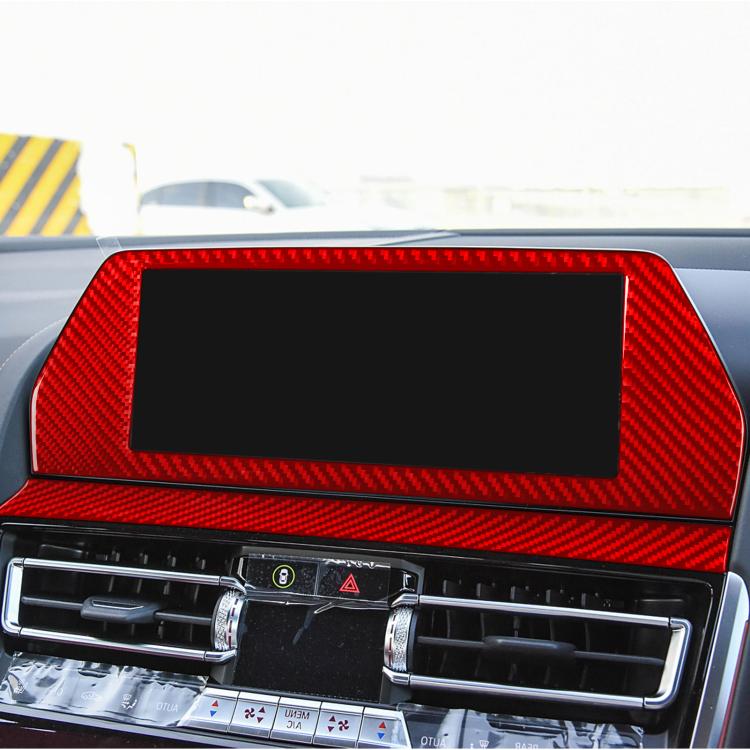 Navigation screen frame sticker, red carbon-fiber look trim on dashboard