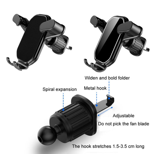 Car air vent phone holder with adjustable fan clamp and metal hook, cool black