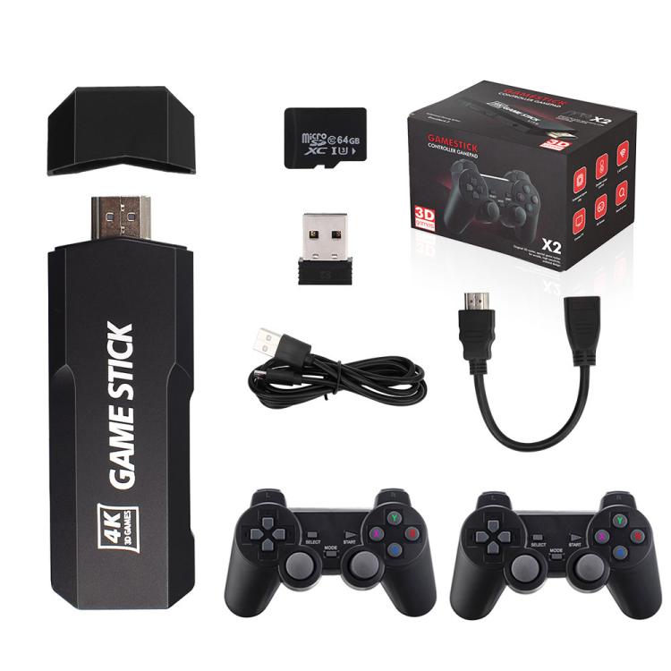 Game stick bundle with controllers, HDMI and power cables, microSD card, and retail box
