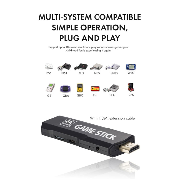 Black Game Stick with HDMI extension cable and multi-system compatibility icons