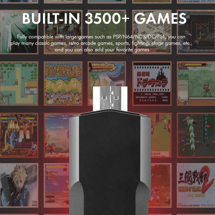 Black Game Stick USB console in front of built-in game thumbnails graphic